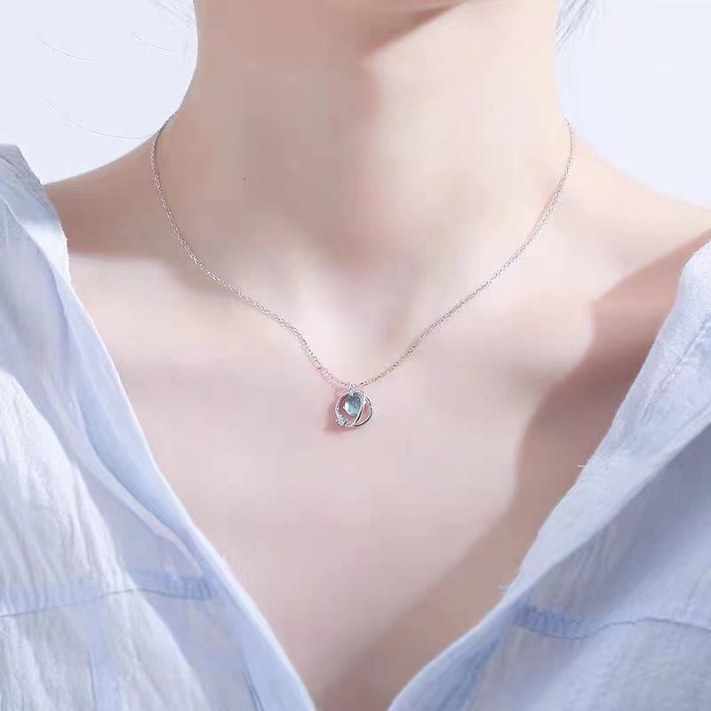 Kalung wanita fashion planet biru desain rantai klavikula  perhiasan Bola kristal liontin bulan mewah aksesoris fashion kalung L09