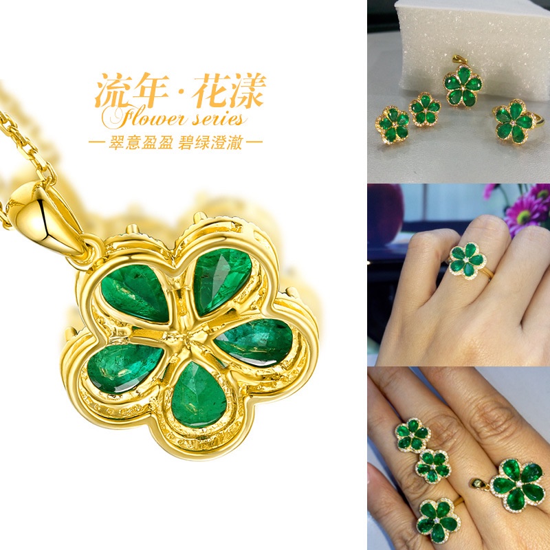 [Ready Stock]Fashion New Inlaid Color Gemstone Necklace Parthenocissus Grass Pendant