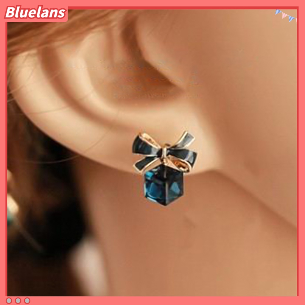 Bluelans 1 Pair Fashion Faux Crystal Bowknot Cube Ear Stud Earring Jewelry Accessory