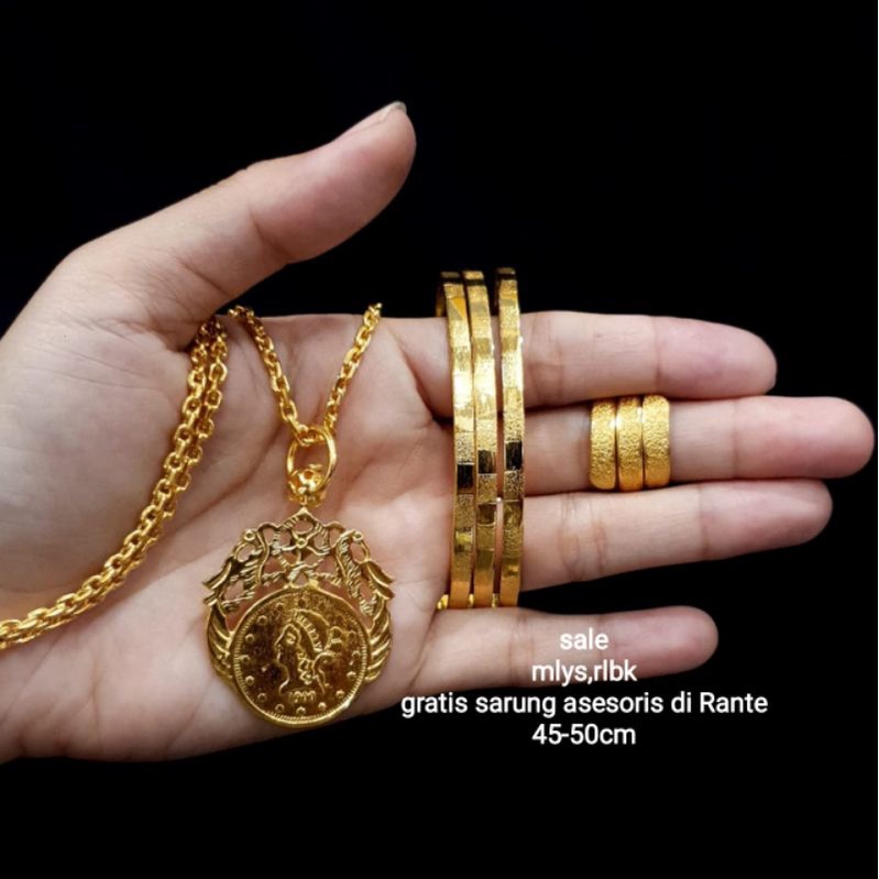 Set koin /rupiah  replika mas london(24k) high quality,awet,tahan lama,kalung,gelang,cincin(bca deskripsi)Grts Box