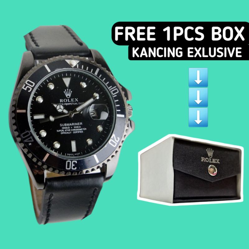 Jam Tangan Pria Analog Rolex Kulit Asli Anti Air Water Resist Premium Quality Tanggal Aktif Free Box