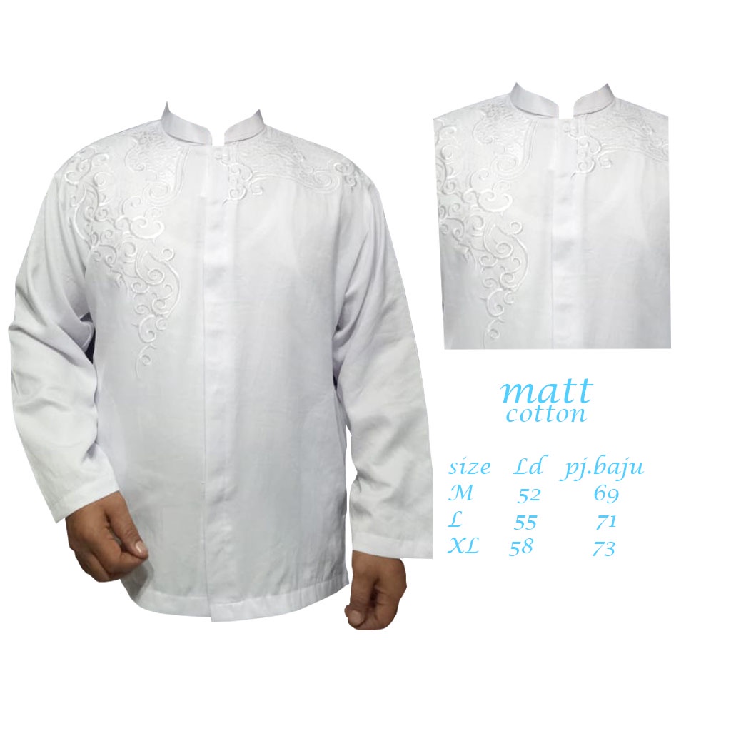 Baju koko Pria Al qadr/AB Alkahfi Bareno Lengan Panjang Katun Putih Bordir