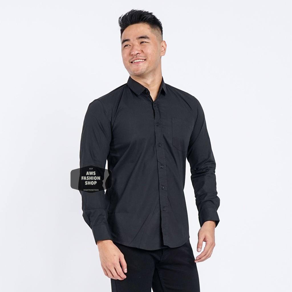 KEMEJA PRIA LENGAN PANJANG POLOS HITAM PEKAT BLACK SLIMFIT CASUAL 3258