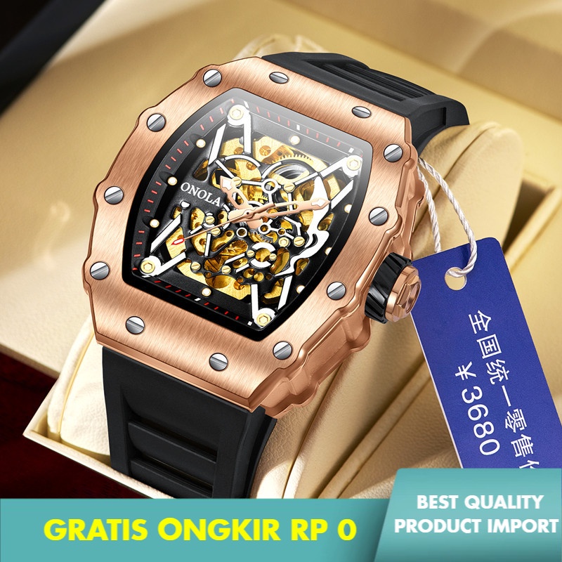 Onola  Otomatis Mekanis Jam Tangan Pria Silikon Band Fashion Tahan Air Jam Tangan Olahraga Pria