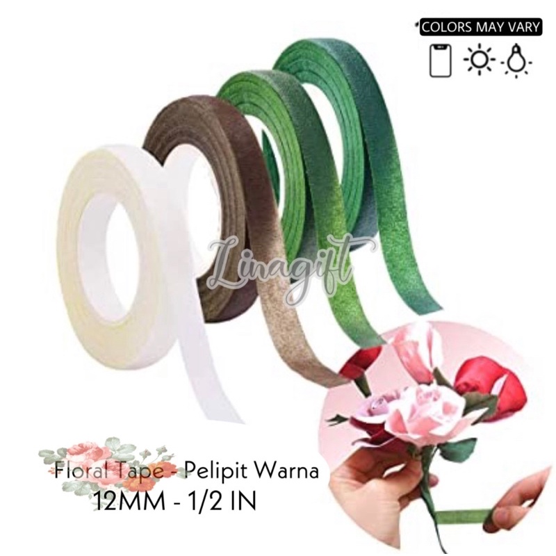 ( Rol 10 Yard ) FLORAL TAPE / FLOWER 1/2 INCH / 1.2 CM / 0.5 IN ISOLASI / SELOTIP 12MM TANGKAI BUNGA HIJAU / COKLAT PELIPIT WARNA