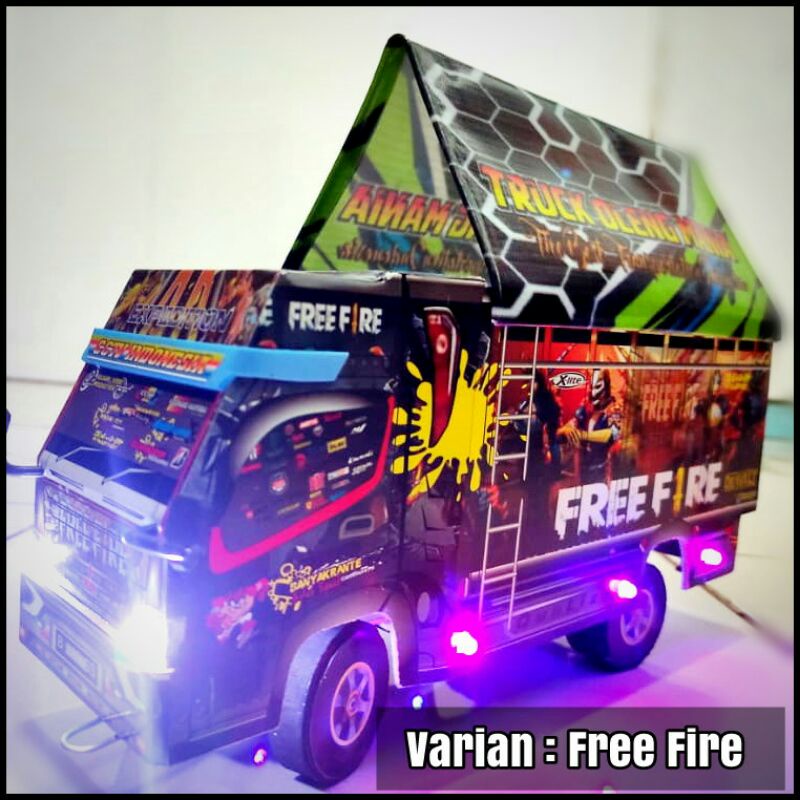 Truk Oleng Miniatur Truk Oleng Free Fire Mobile Legend Paket Lampu Terpal Roda Kayu P 30 cm