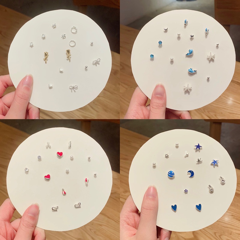 7 Pasang / Set Anting Stud S925 Silver Bentuk Bulan Bintang Pelangi Untuk Wanita