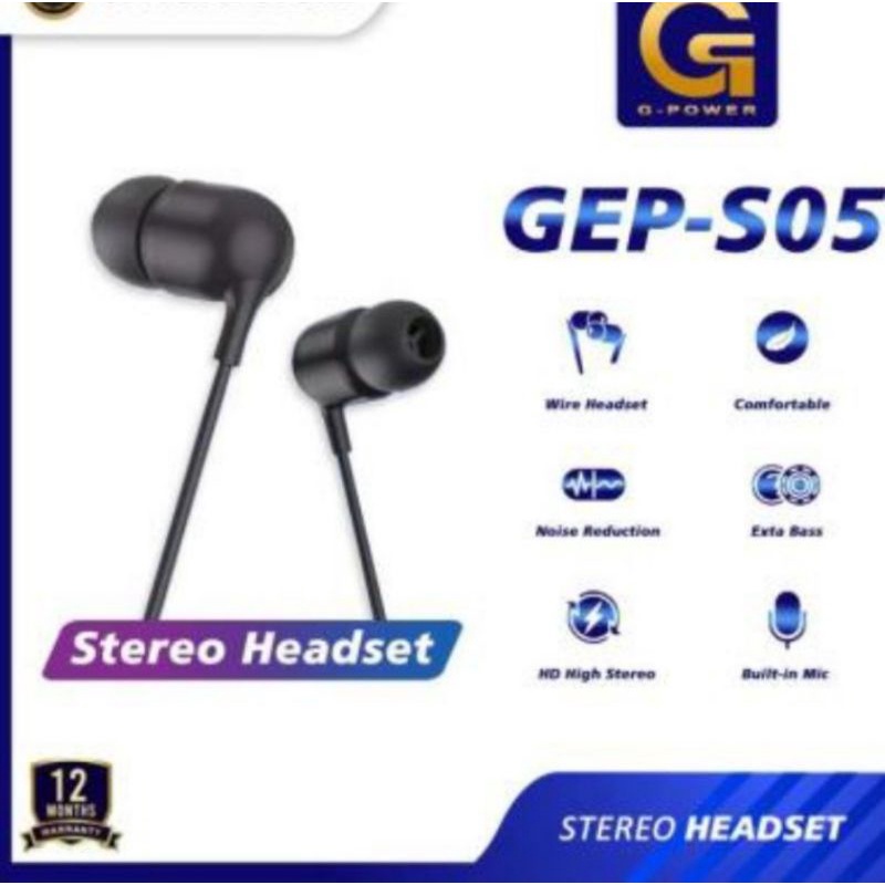 G-POWER GEP S05 EARPHONE HANDSFREE HI-FI EXTRA BASS HEADSET GAMING