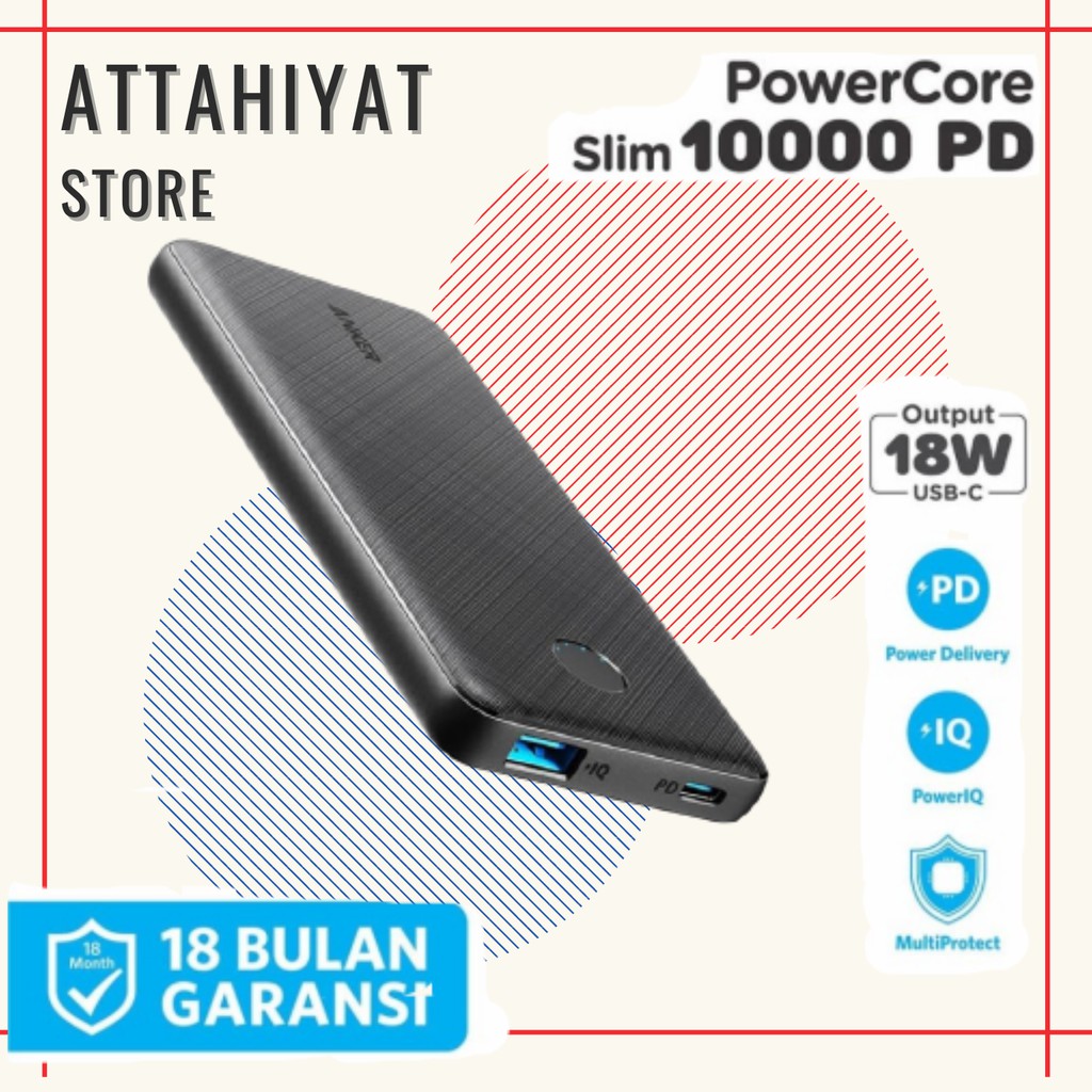 Powerbank Anker 10000 mAh PD 18 Watt Black Powercore Slim - A1231