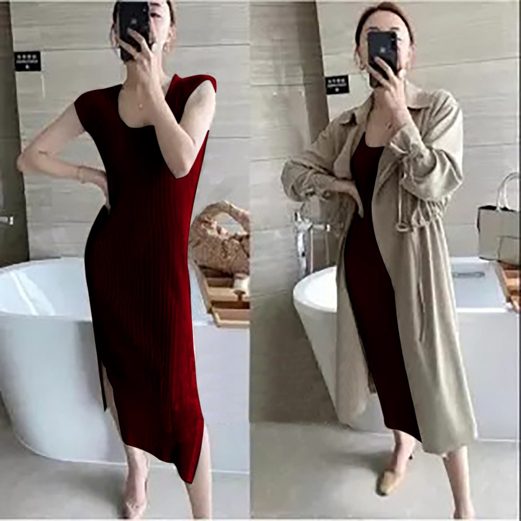 WSE390 - Dress Rajut Molly L-XL LD 100-120 CM Dress Rajut Wanita Lengan Pendek Maxi PREMIUM QUALITY