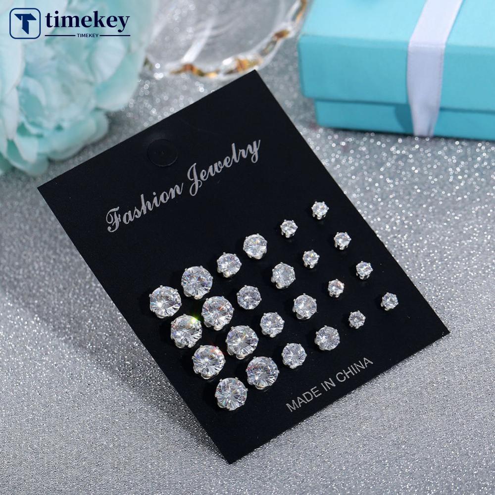 Timekey 12 Pasangset Anting Tusuk Alloy Bulat Hias Zircon Untuk Wanita A7K6