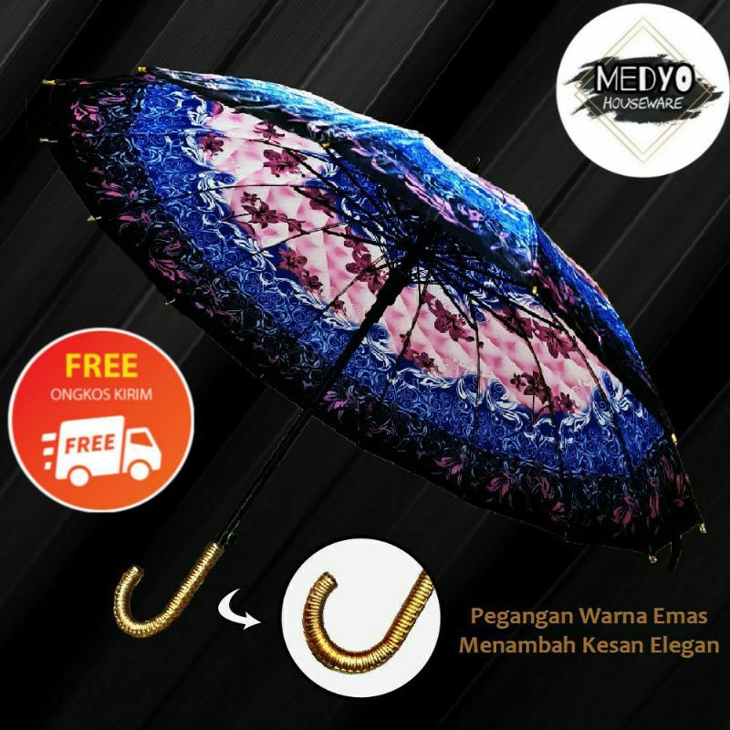Payung Besar Jumbo Bunga Otomatis Kuat Saten Gagang Tongkat
