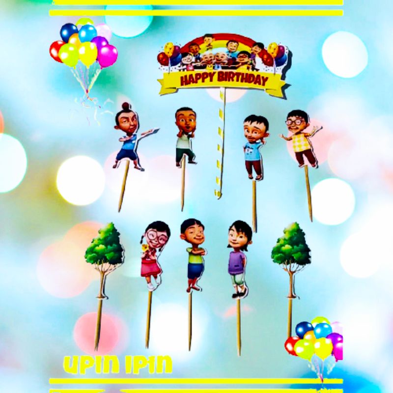 Topper Ulang Tahun Upin Ipin/Hiasan Kue Karakter/ Topper happy birthday/cupcake topper