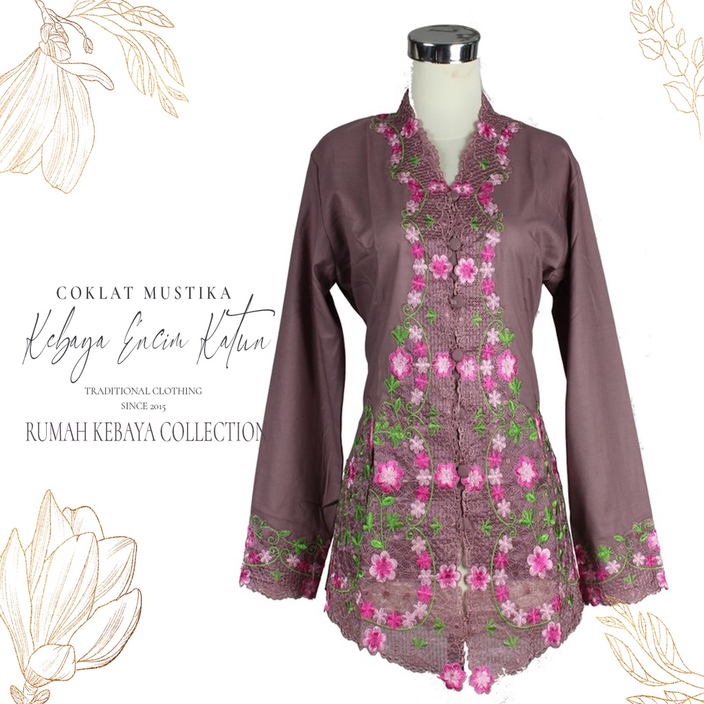 Kebaya Encim Kartini Katun Bordir Modern Coklat Mustika Lengan Panjang Bigsize Jumbo