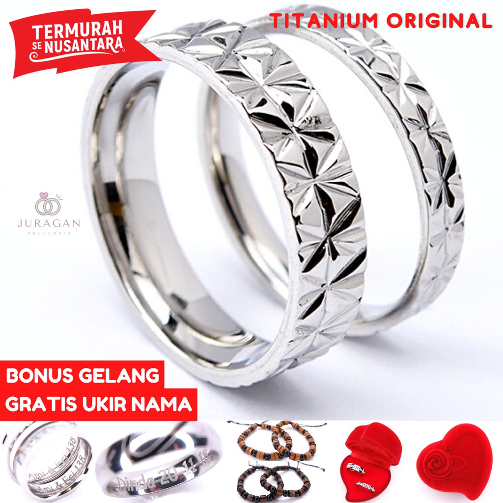 [HIGH QUALITY] Cincin Couple BUCIN R63 Titanium Ukir Nama + Box Cincin Beludru + BONUS Gelang Couple