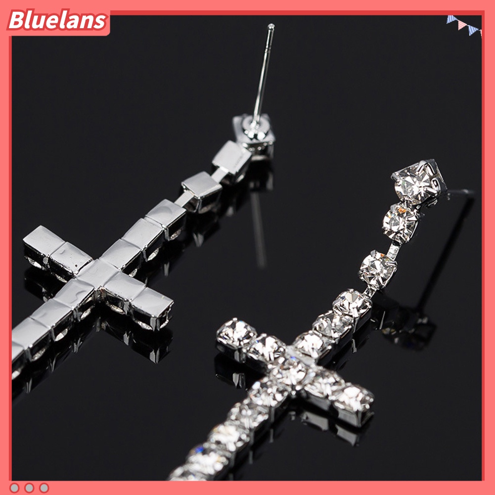 Bluelans Women Rhinestone Cross Pendant Single Double Rows Dangle Eardrop Stud Earrings