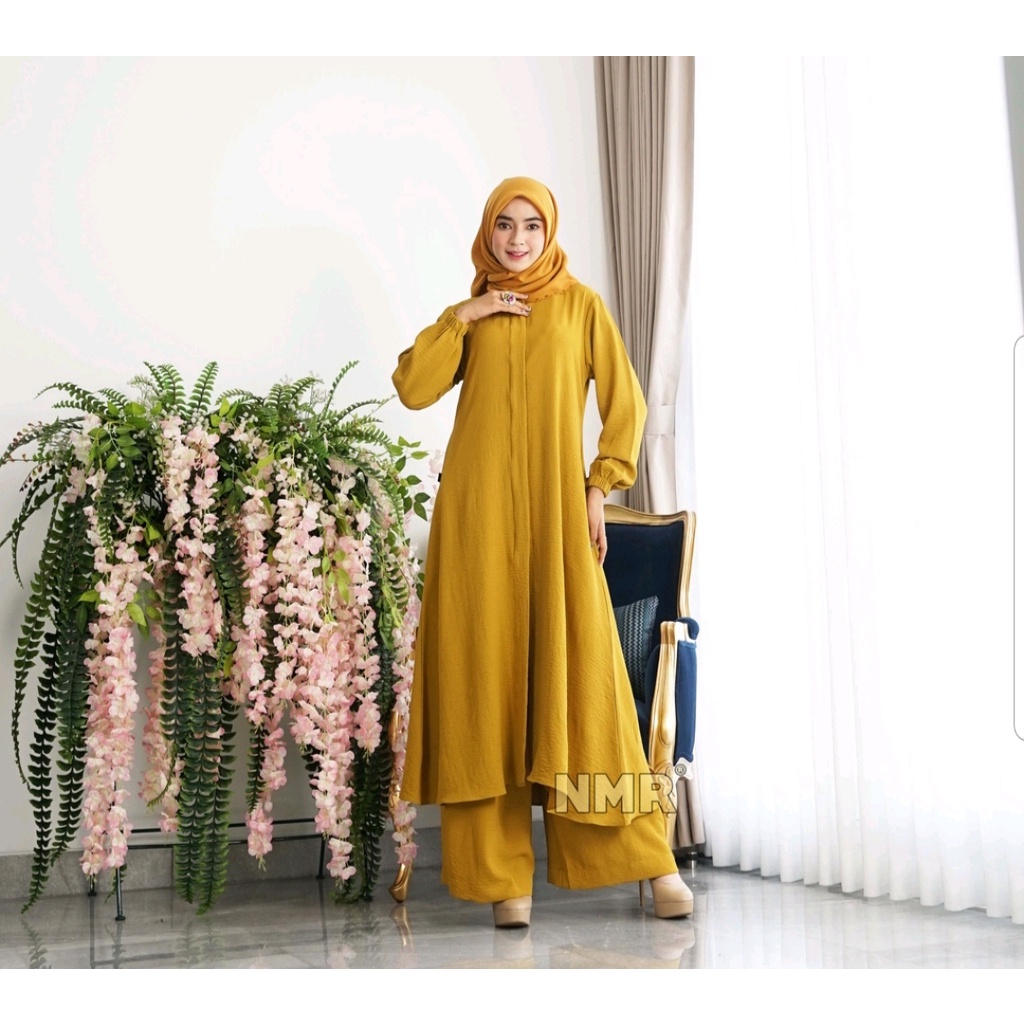 Fashion Wanita Muslim NMR by Namira Tunik Crinkle Stelan Tunik Celana Rayon Crinkle Vol 1255 Warna Mustard