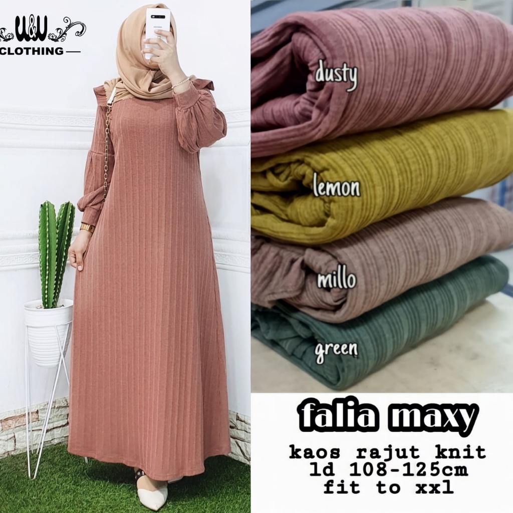 Gamis Polos Jumbo Ld 125 Falia Maxy Dress Bahan Kaos Rajut Big Size XXL Lengan Balon By W&W Terbaru 