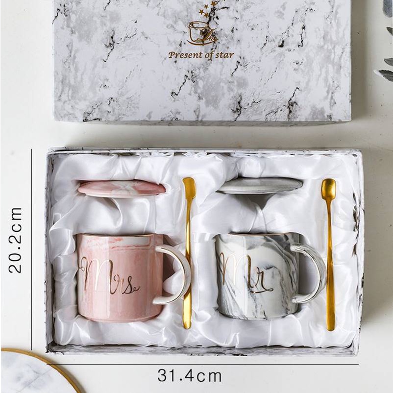 CANGKIR GELAS COUPLE MR MRS MARBLE MUG PREMIUM BOX WEDDING GIFT SET KADO CERAMIC CUP GELAS PASANGAN MARMER