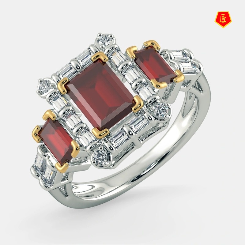 [Ready Stock]Elegant Fashion Inlaid Emerald Ruby Square Diamond Ring