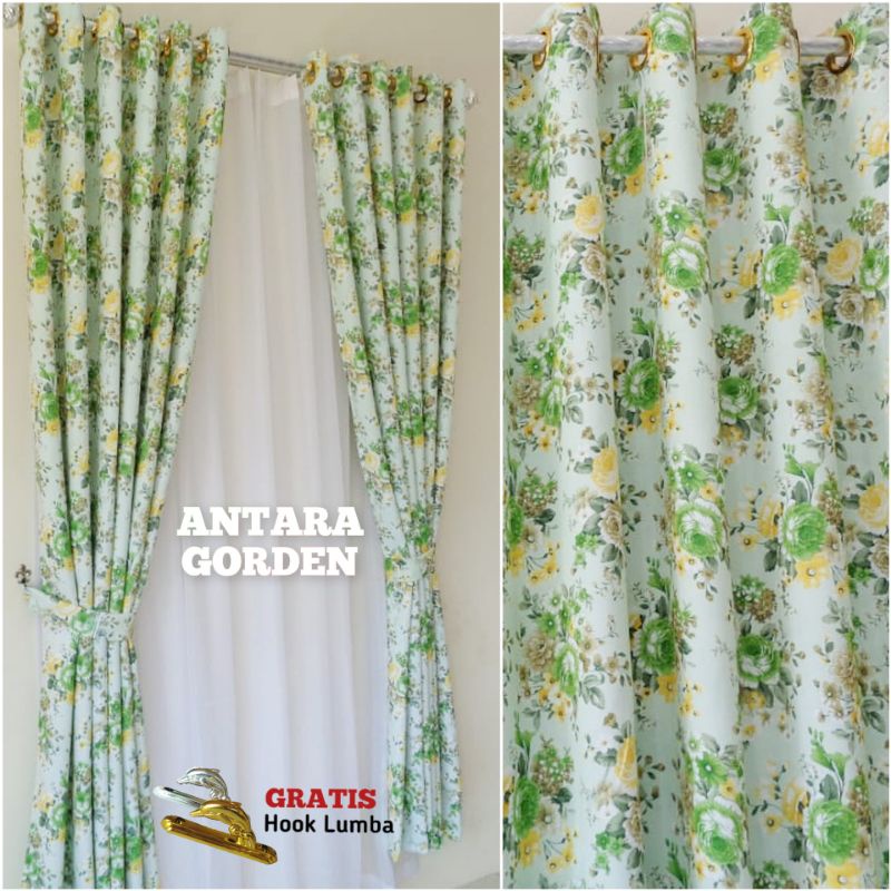 Gorden pintu jendela blackout import motif bunga shaby Smokring 12 ring 6 lipatan-YH 1 hijau