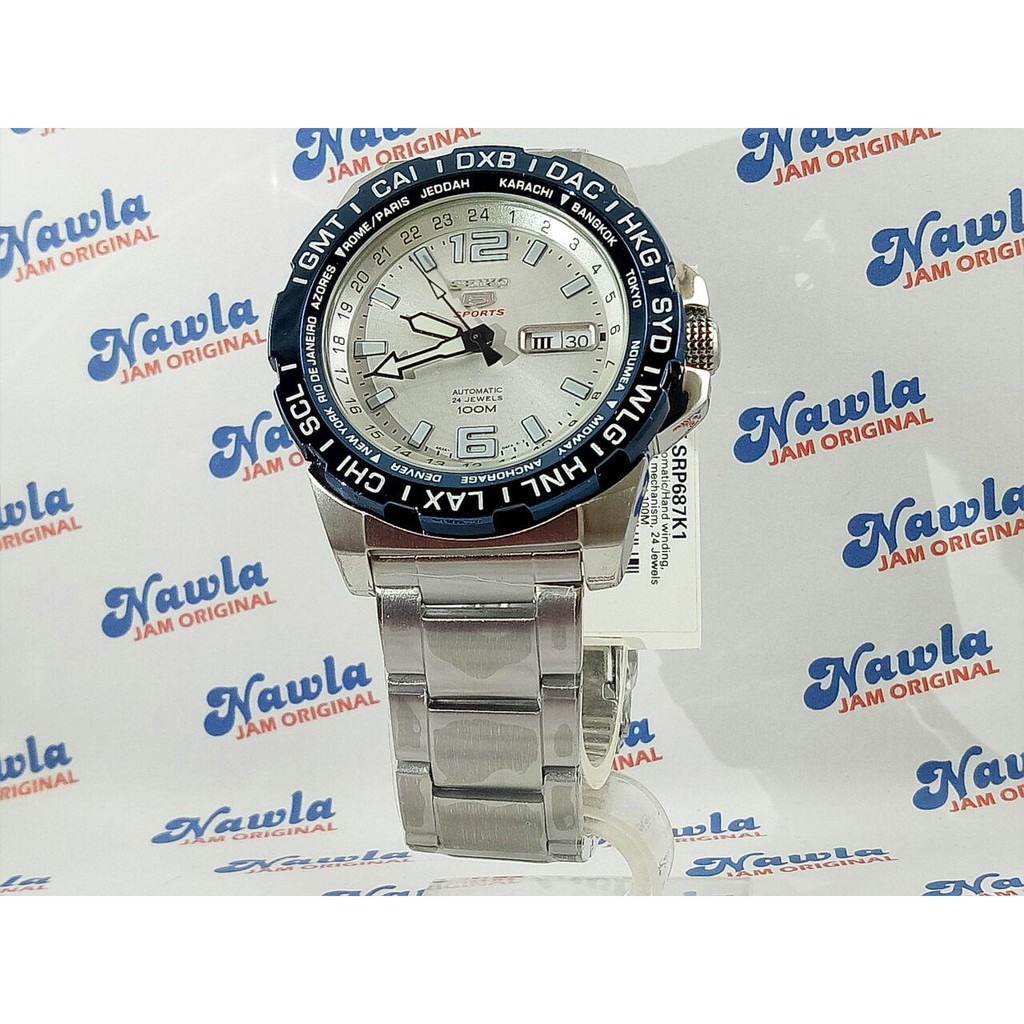 Seiko 5 Sport SRP687K1 World Time Blue Bezel - Jam Tangan Pria SRP687