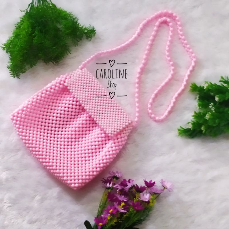 Tas Manik pink / Beaded Bag- Sling Bag Tas Selempang - tas bahu tas manik