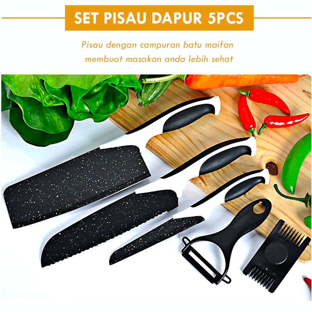 Pisau dapur set 5 pcs hitam batu maifan marble J13