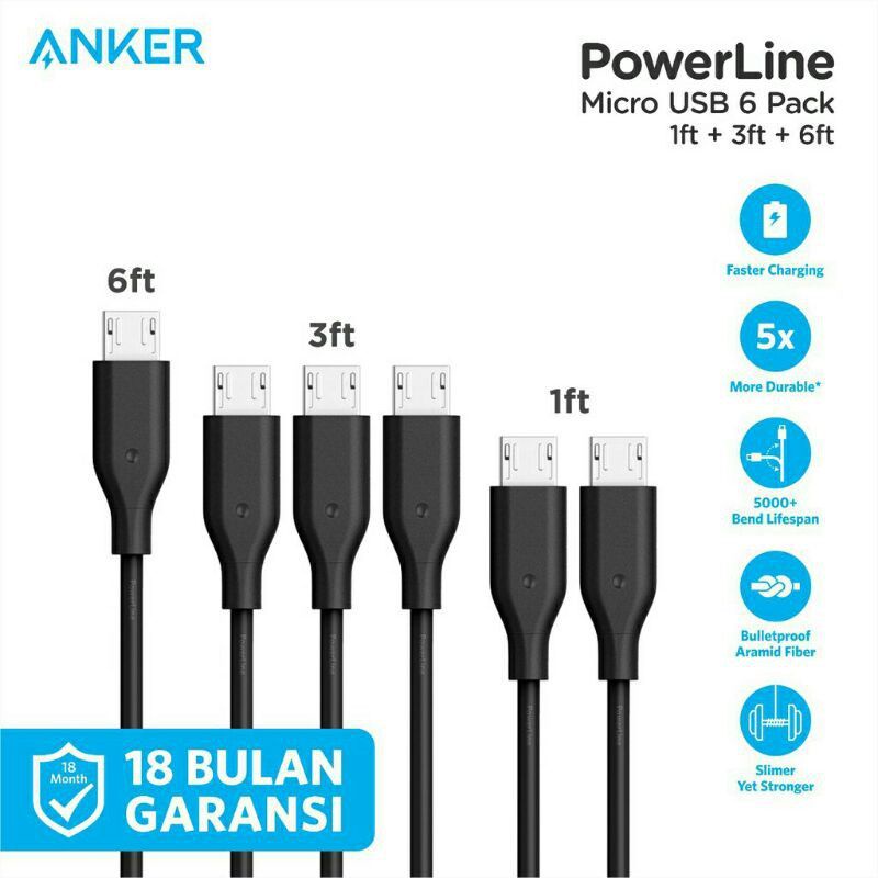 Anker powerline 6pack kabel micro usb 6ft 3ft 1ft Original Anker B8133