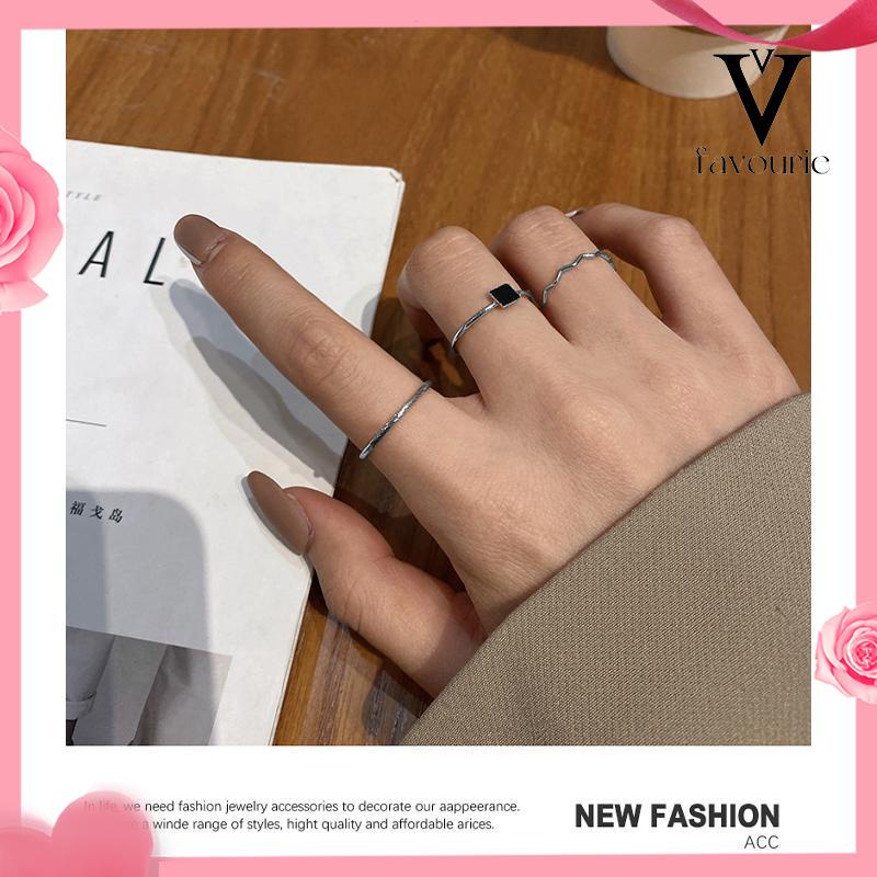 [COD]Cincin Zirkon Hitam Cincin Tiga Bagian Wanita High-end Sederhana Desain Niche Persegi Kecil-FA