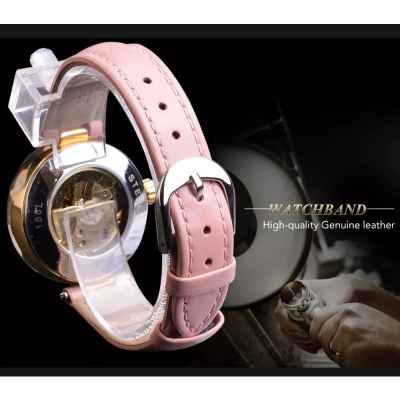 Jam Tangan Wanita Automatic Original Luxury Golden Diamond Series Forsining Strap Kulit