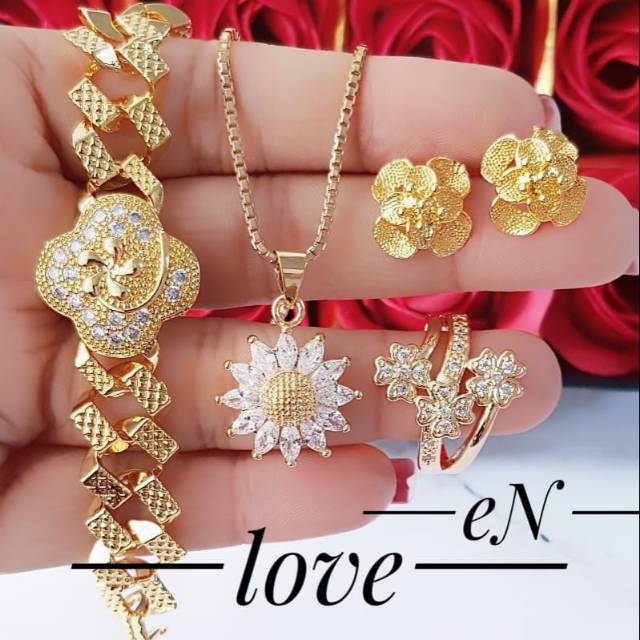 Xuping set perhiasan gelang bunga sisik naga kalung anting lapis emas 24k 1011