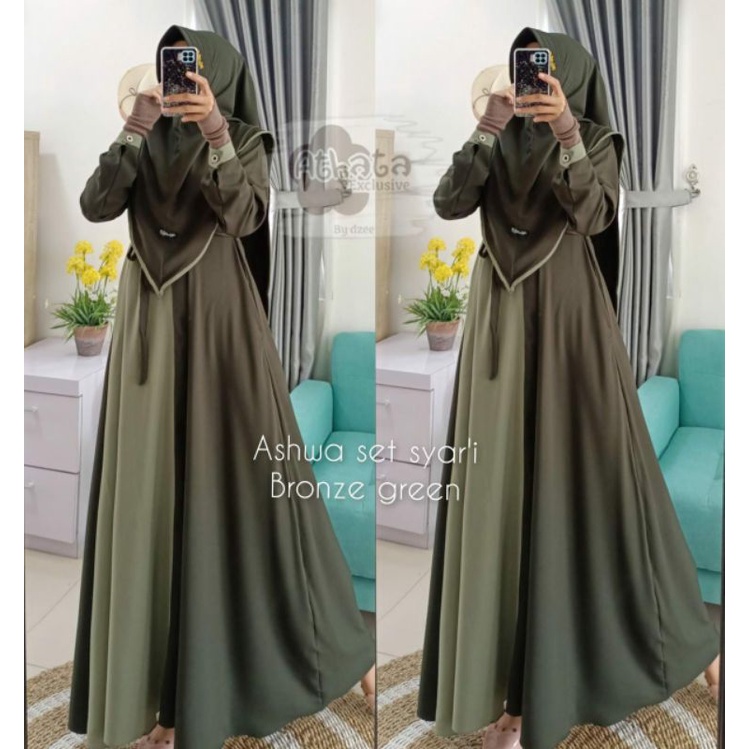Ready gamis set hijab ASHWAMatt ity crepe premium by athata terbaru termurah