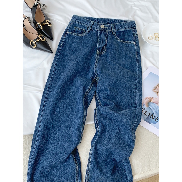 Denim Celana / High Waist Straight Celana Jeans Panjang Wanita Import（realpict）