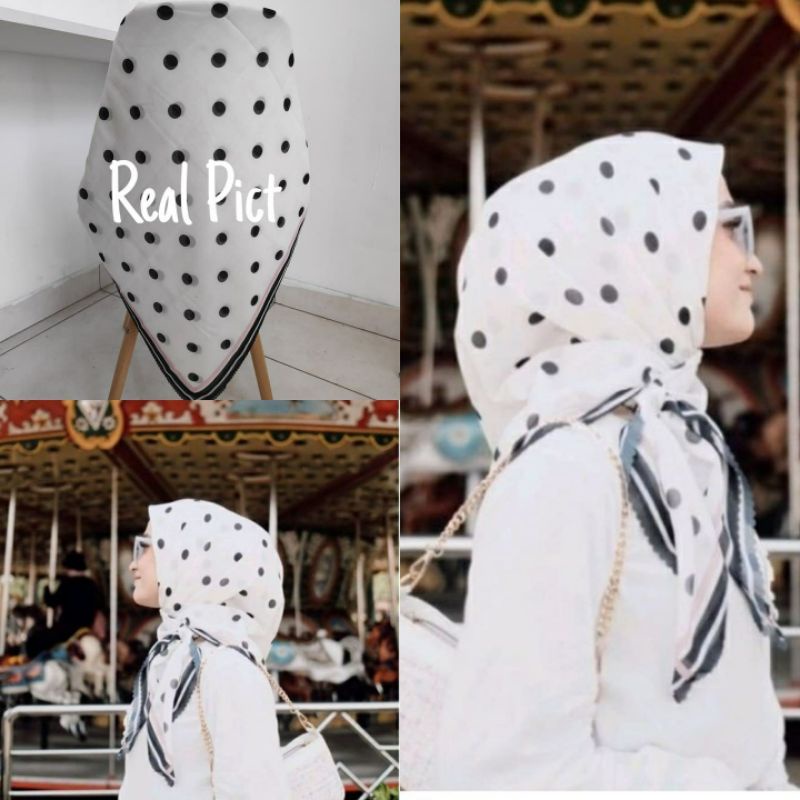 Kerudung vanilla hijab jilbab leopard love rantal polkadot / vanilla hijab segiempat voal motif vanilla chain / deenay kw button kw lasercut-Polkadot putih