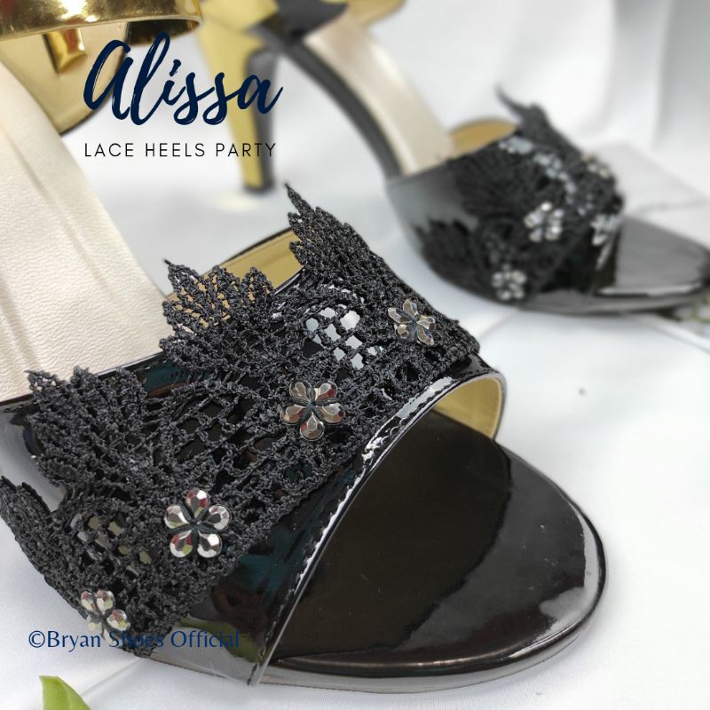 Bryan Alissa Heels Pesta Glossy 9cm Renda Brokat Brukat Mote Sepatu Hak Pump Sol List Glossy Gold