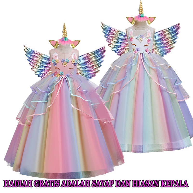 4t-13t Dress Unicorn Anak Panjang Gamis Unicorn Anak Lengan Pendek Baju Ulang Tahun-- Berikan Hadiah