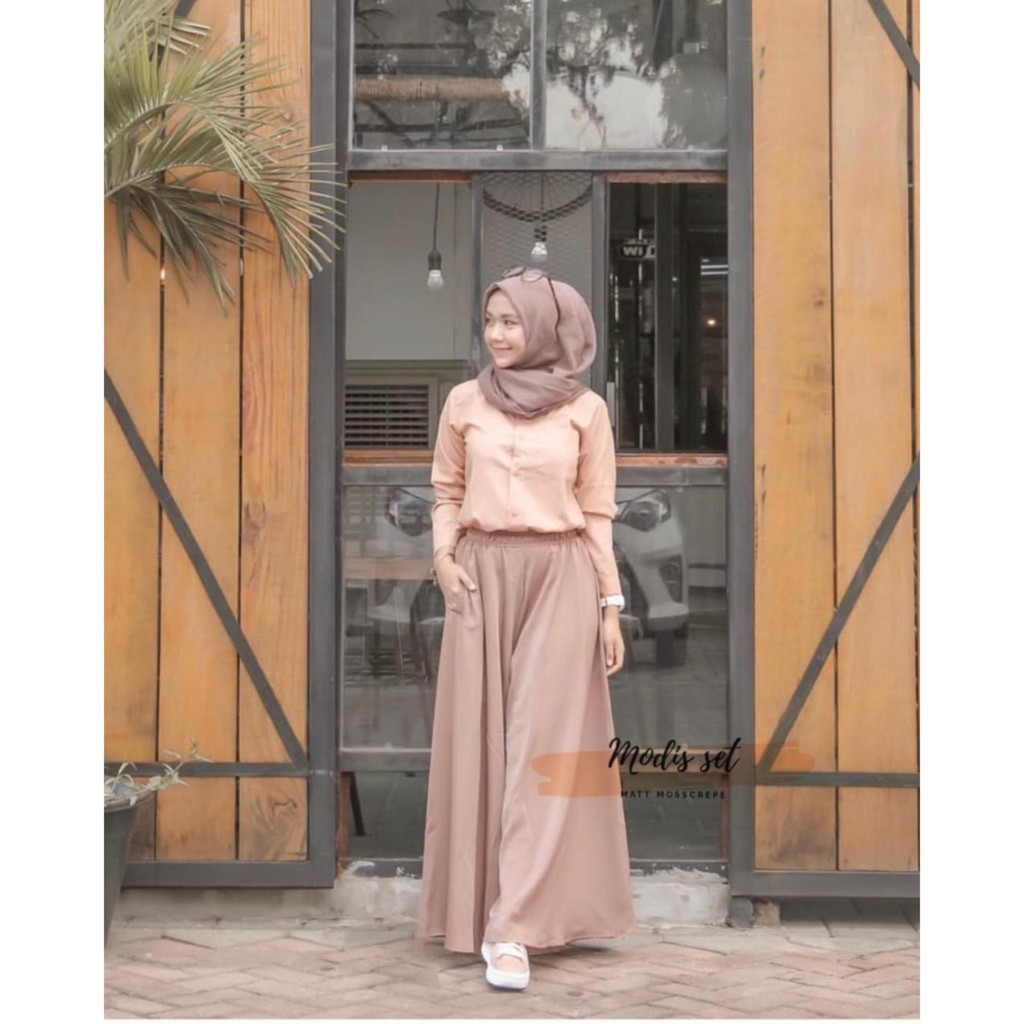 Gamis Terbaru Lebaran Baju Muslim Modern Setelan Modis Set Mosscrepe Baju Atasan Casual Baju + Rok