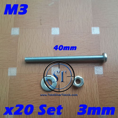 x20 Set Baut Mur Ring M3 x 40 ( JP 3x40) isi 20 Set Baut Untuk Kipas Fan Blower Panjang 40mm Galvanis