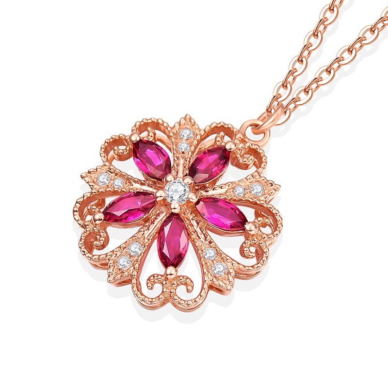 [Ready Stock]Fashion Luxurious Color Gemstone Flower Pendant Rose Gold Necklace