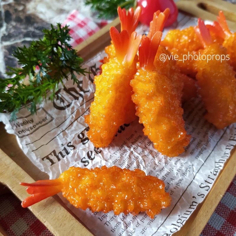 1pc Tempura Udang Artificial Palsu Fake Food Hiasan Replika Dekorasi Props Foto Properti Fotografi