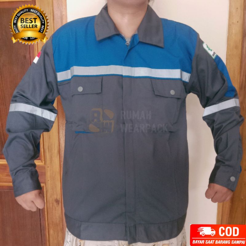 Baju Kerja/ Wearpack Proyek/ Seragam Kerja Atasan Warna Abu Tua Kombinasi Biru BCA