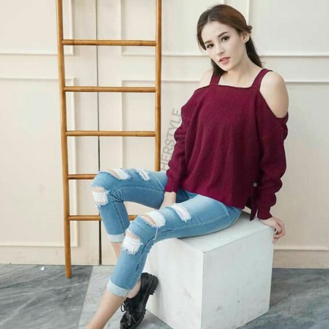 mk8a herstyle - sabrina blouse rajut lengan panjang blouse rajut jumbo knit - hitam, all size d18v