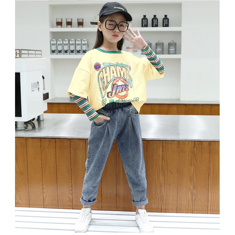 babyfit CHAMPIONEESE 4-10thn baju setelan sweater double sleeve anak perempuan set celana jeans