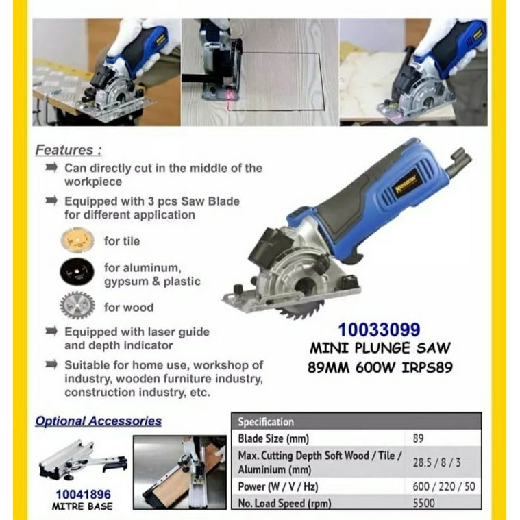 Krisbow gergaji kayu mini 89mm / MINI PLUNGE SAW 89 MM 600W ESC6-89M
