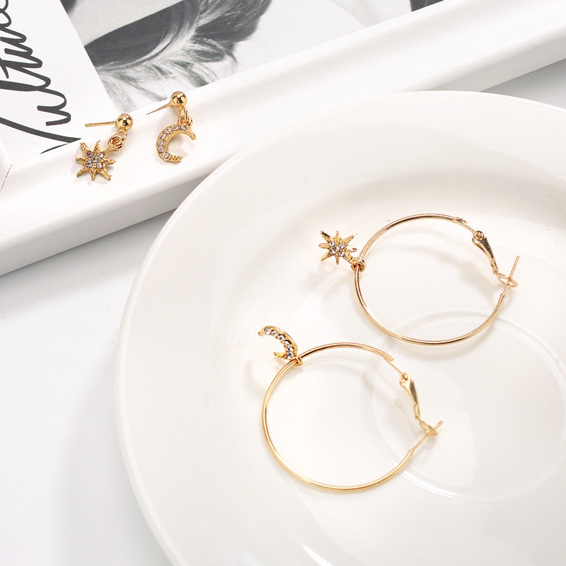Set Anting Hoop Retro Wanita Motif Bulan Dan Bintang Gaya Korea Fashion Earrings Import