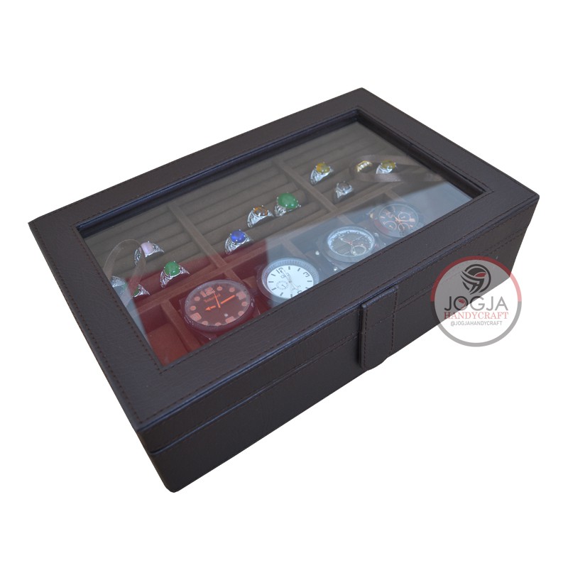 Full Brown Watch Box Mix Ring Holder / Kotak Tempat Jam Tangan Mix Cincin