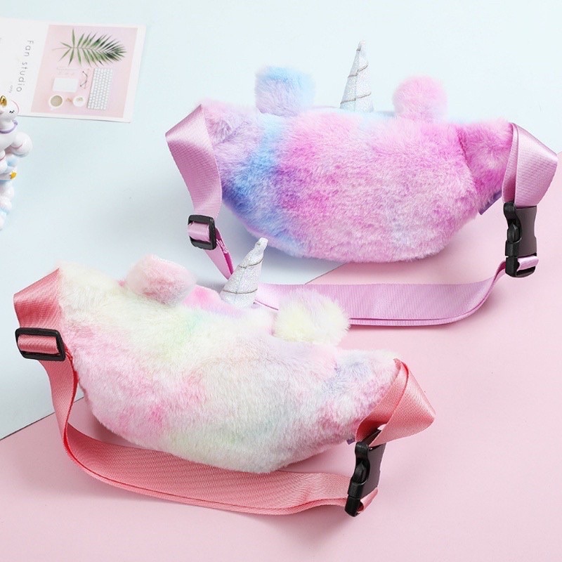 tas waist bag anak unicorn rainbow tas selempang / pinggang bulu unicorn