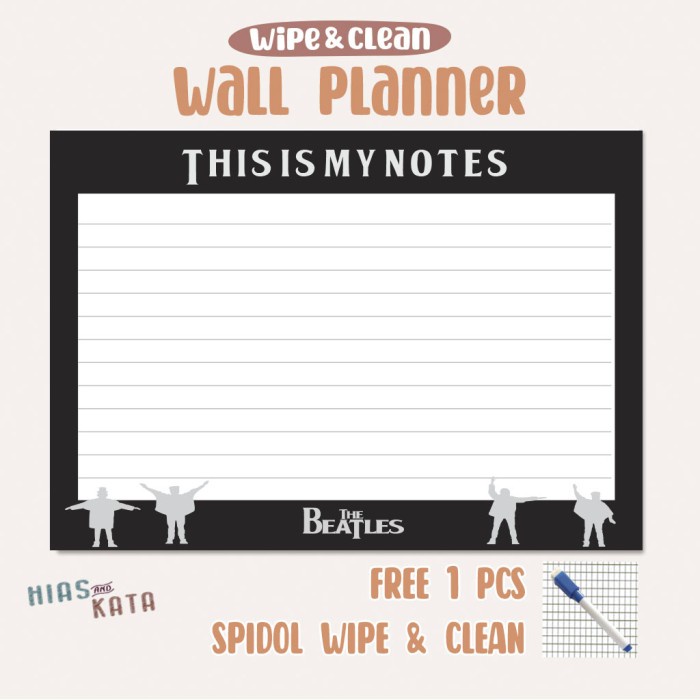 

Cantik Wall Planner Board Notes The Beatles Catatan Dinding Tempel A3 Hemat