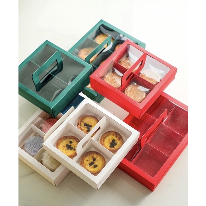 

box sekat 4 dan 6 mooncake handle, dus handle pie cake hamper gift box with partition